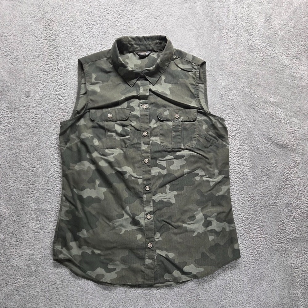 Eddie Bauer Tank Top Womens Small Petite Green Sleeveless Button Up Camoflauge